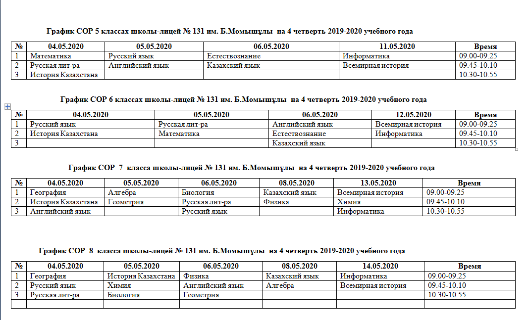 График СОР 9  класса школы-лицей № 131 им. Б.Момышұлы  на 4 четверть 2019-2020 учебного года