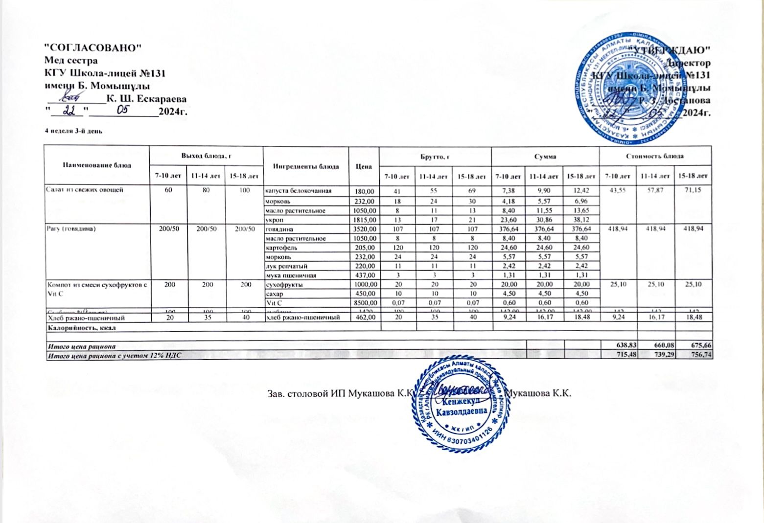 Ас мәзірі (меню) 22.05.2024