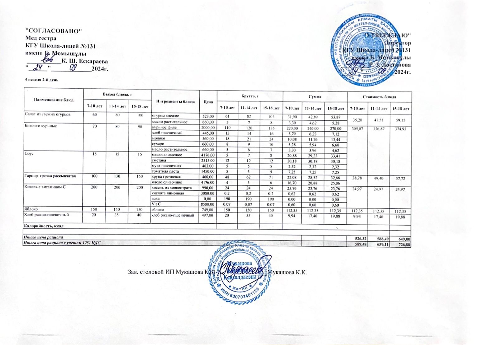 Ас мәзірі (меню) 24.09.2024