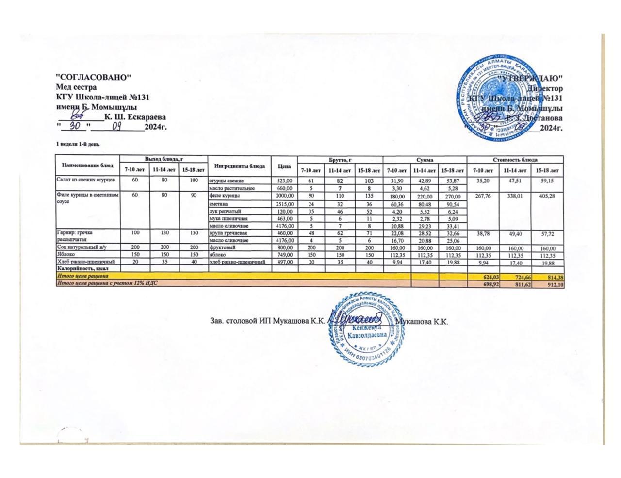 Ас мәзірі (меню) 30.09.2024