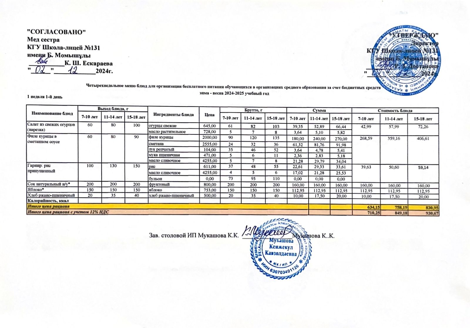 Ас мәзірі (меню) 02.12.2024