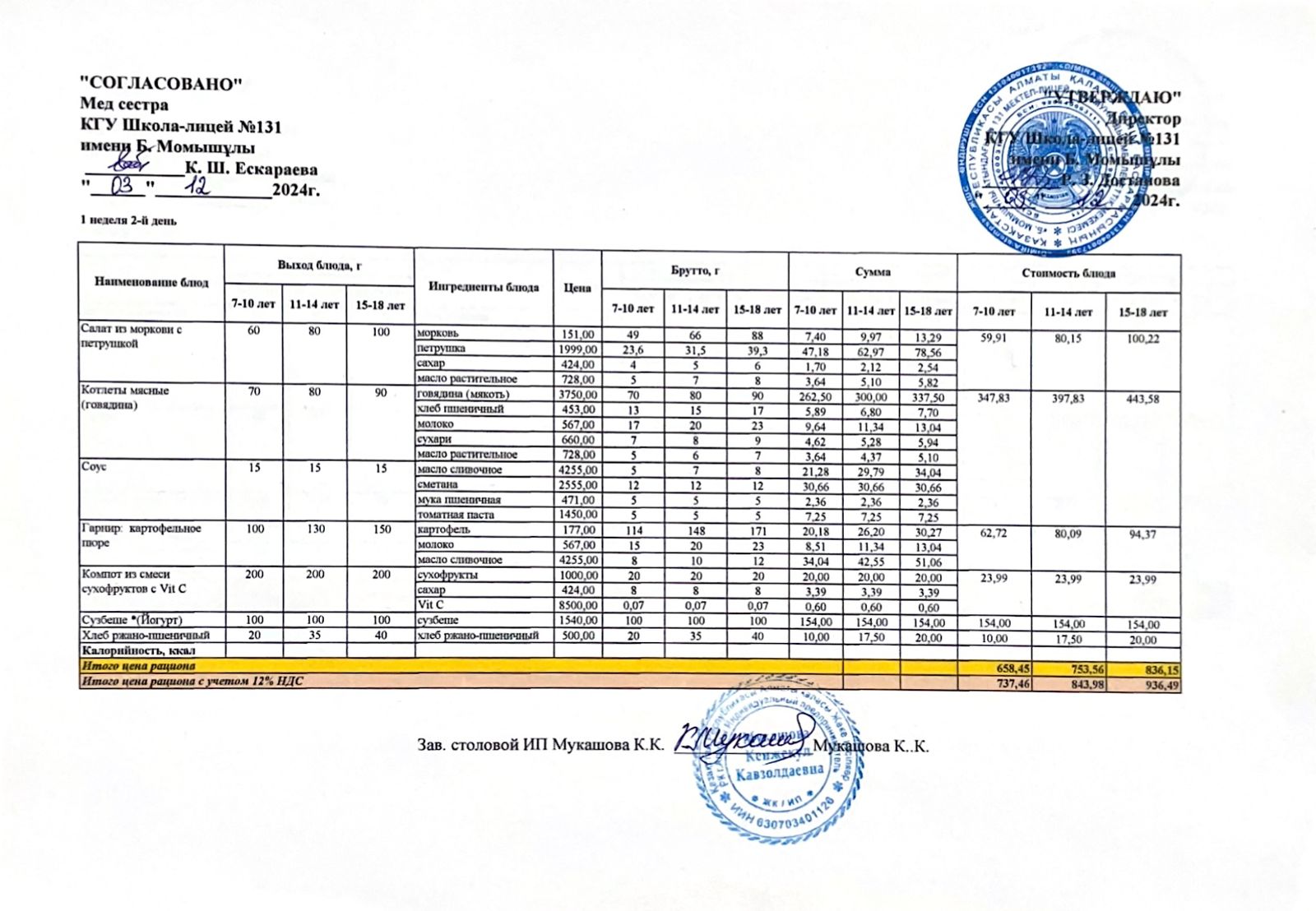 Ас мәзірі (меню) 03.12.2024
