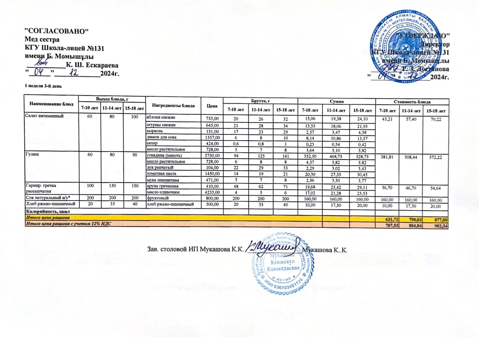 Ас мәзірі (меню) 04.12.2024