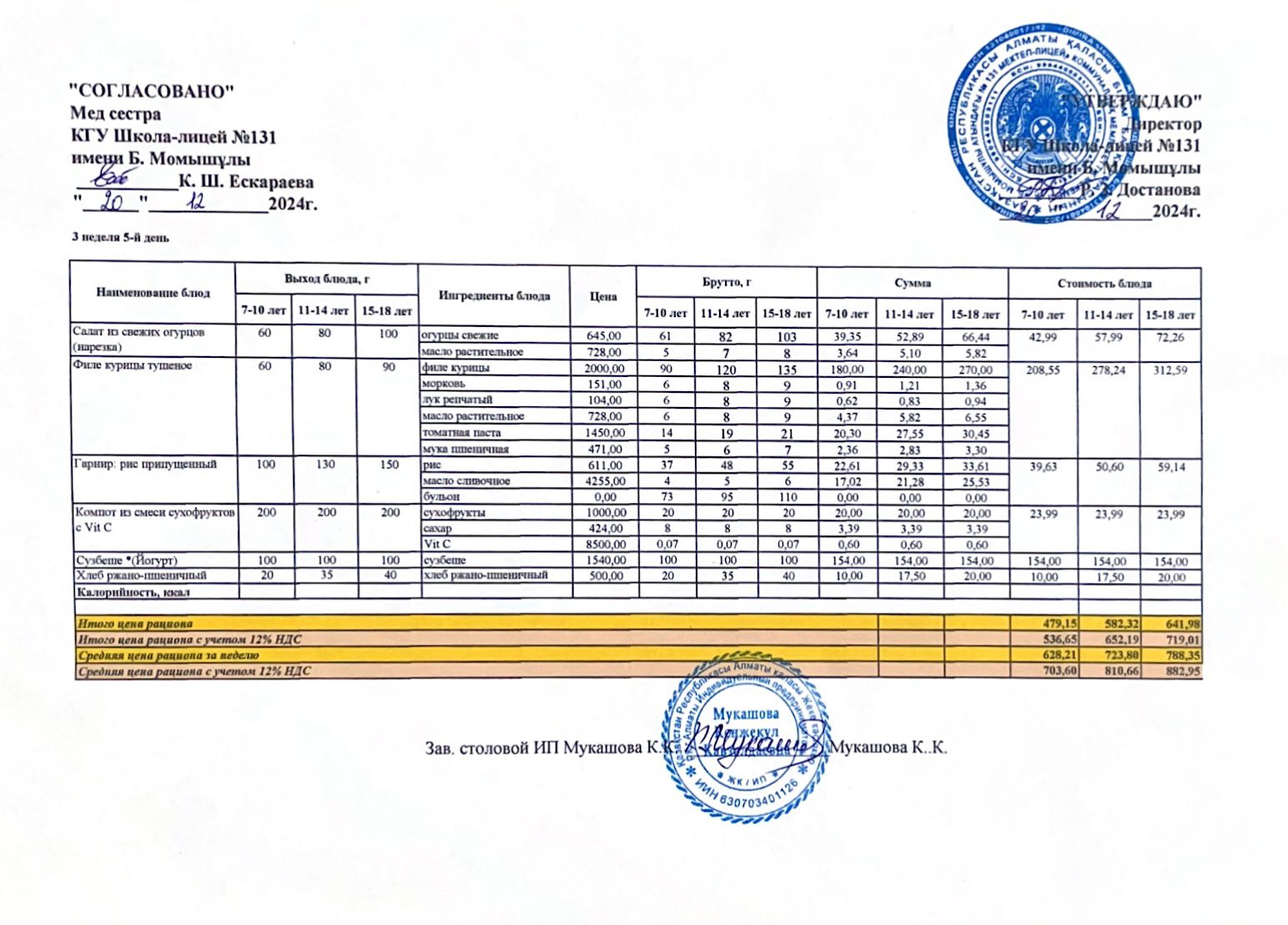 Ас мәзірі (меню) 20.12.2024