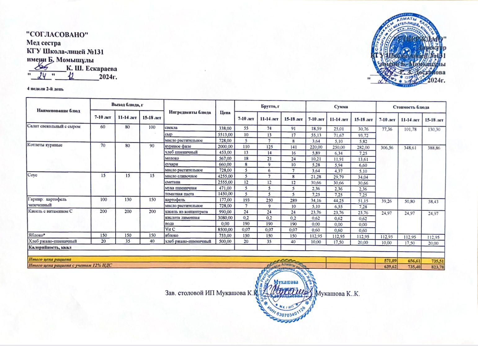 Ас мәзірі (меню) 24.12.2024