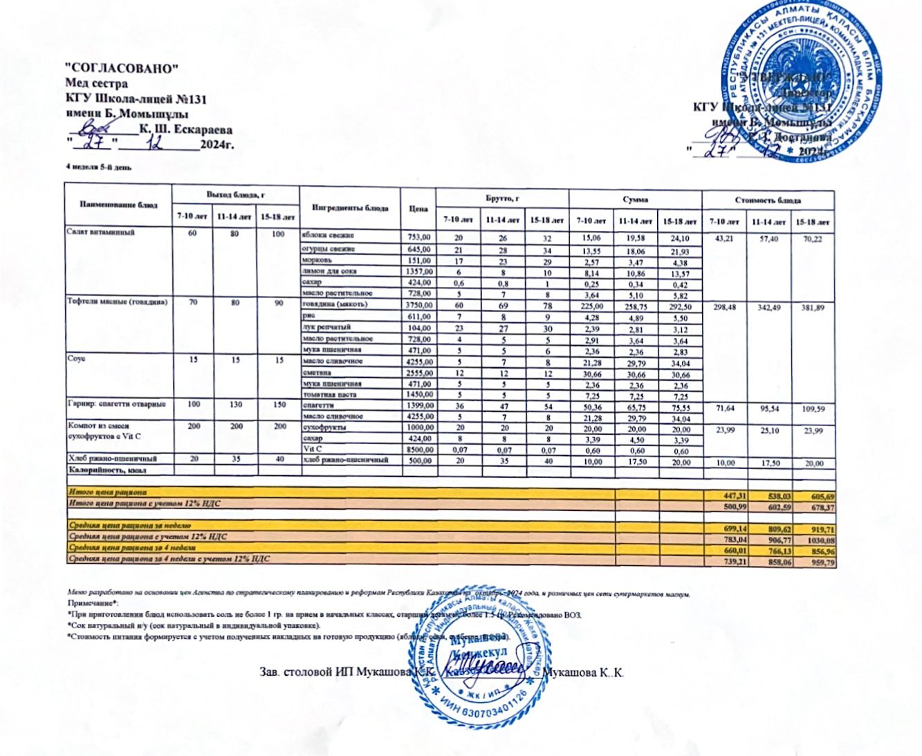 Ас мәзірі (меню) 27.12.2024