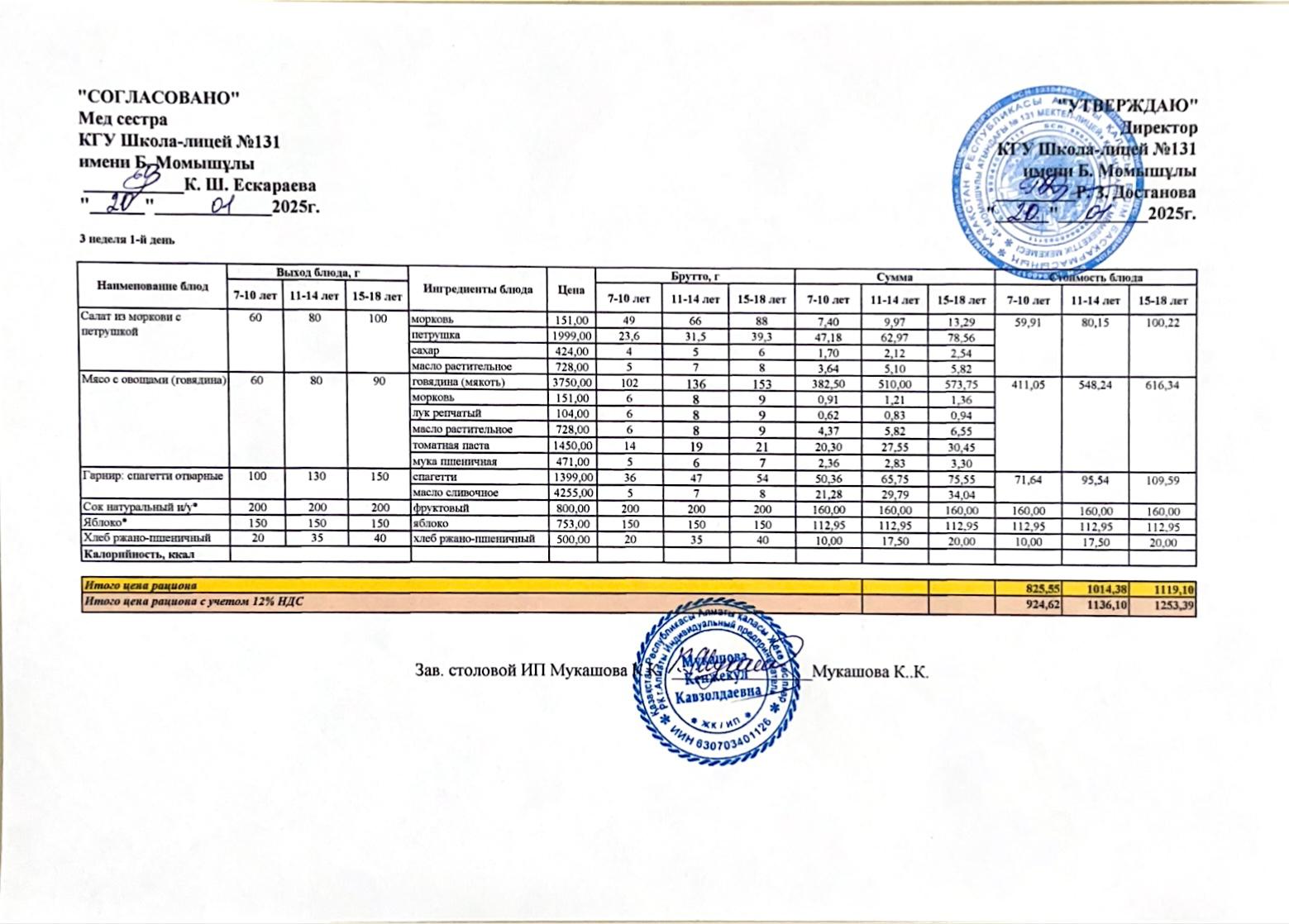 Ас мәзірі (меню) 20.01.2025