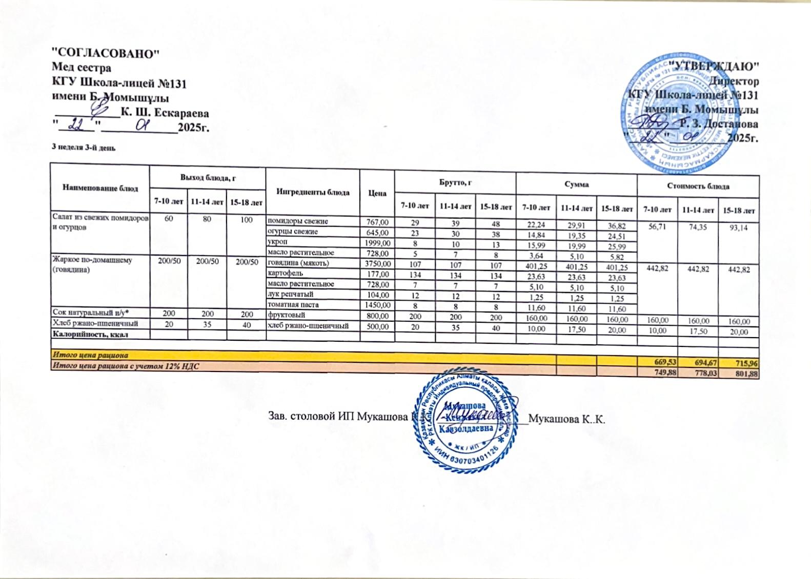 Ас мәзірі (меню) 22.01.2025