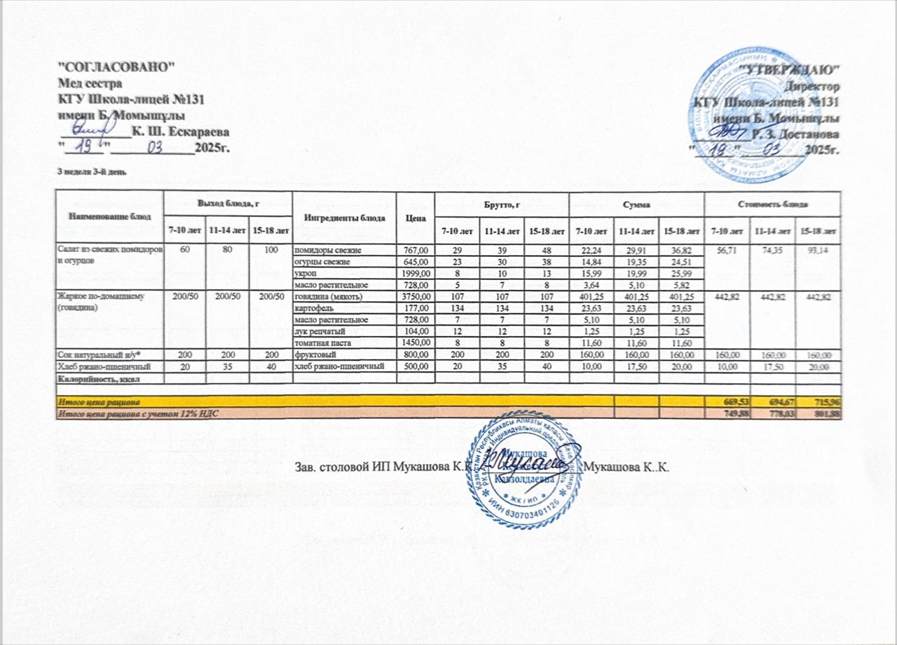 Ас мәзірі (меню) 19.03.2025