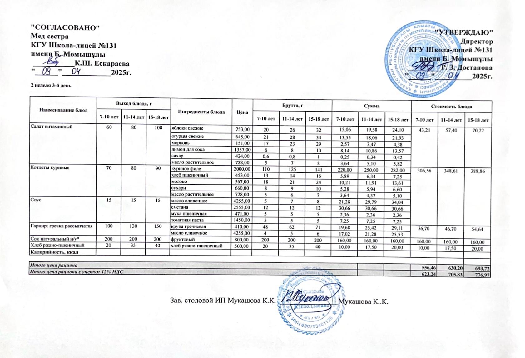 Ас мәзірі (меню) 09.04.2025
