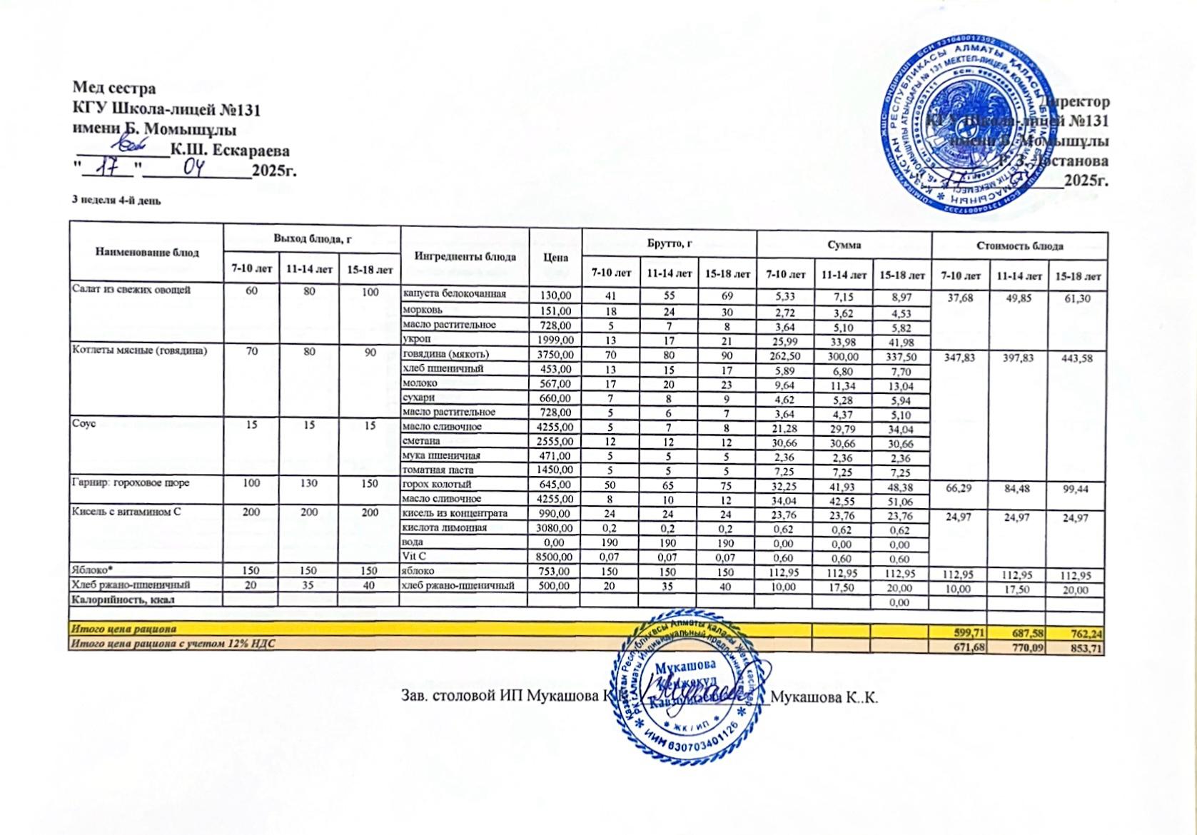 Ас мәзірі (меню) 17.04.2025