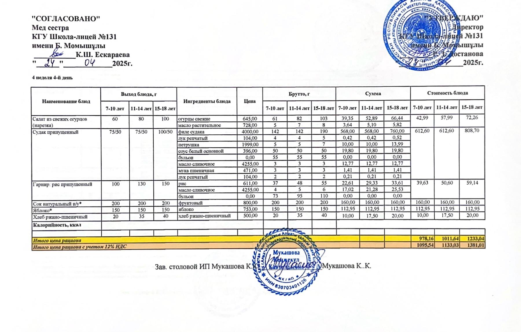 Ас мәзірі (меню) 24.04.2025