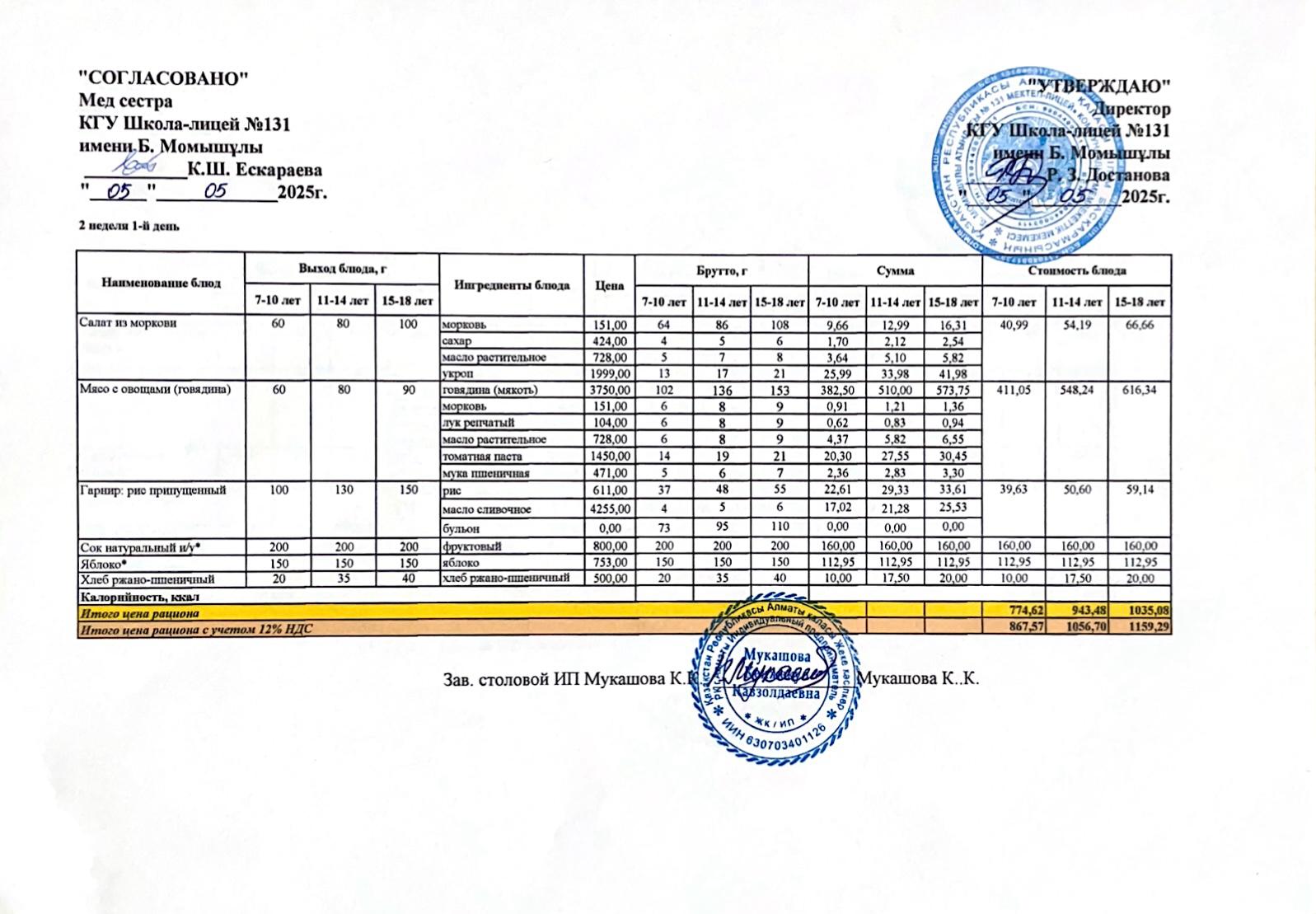 Ас мәзірі (меню) 05.05.2025