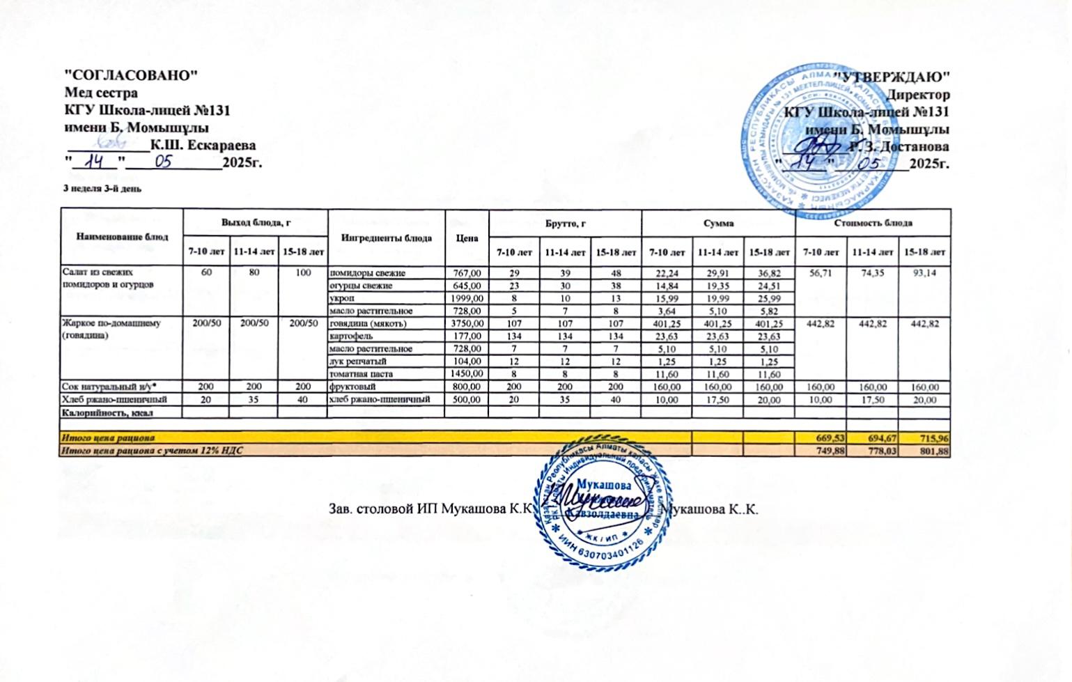 Ас мәзірі (меню) 14.05.2025
