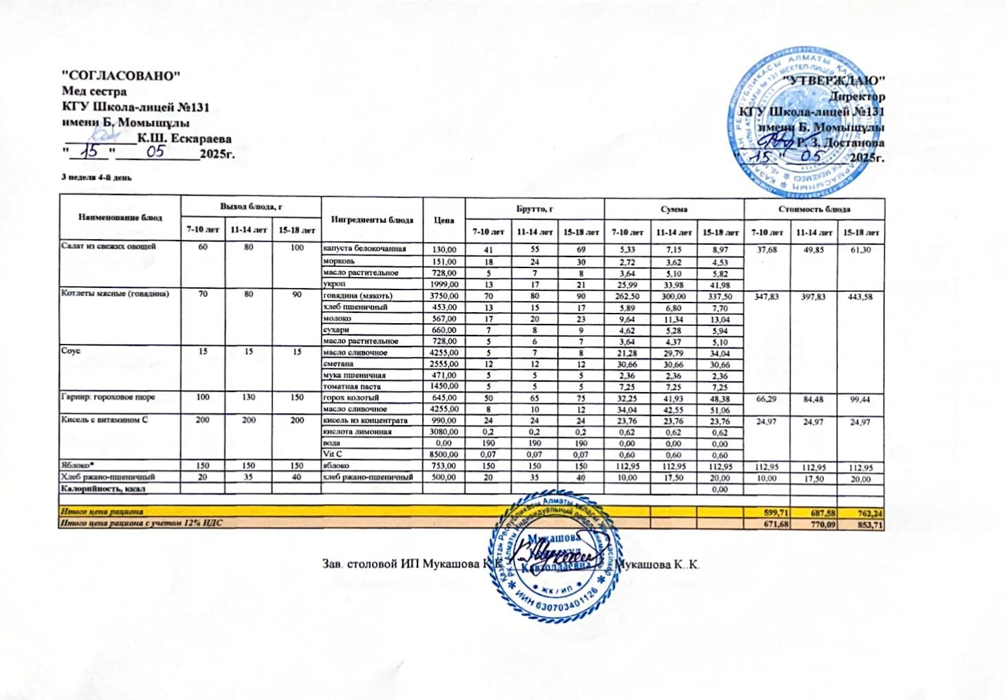 Ас мәзірі (меню) 15.05.2025