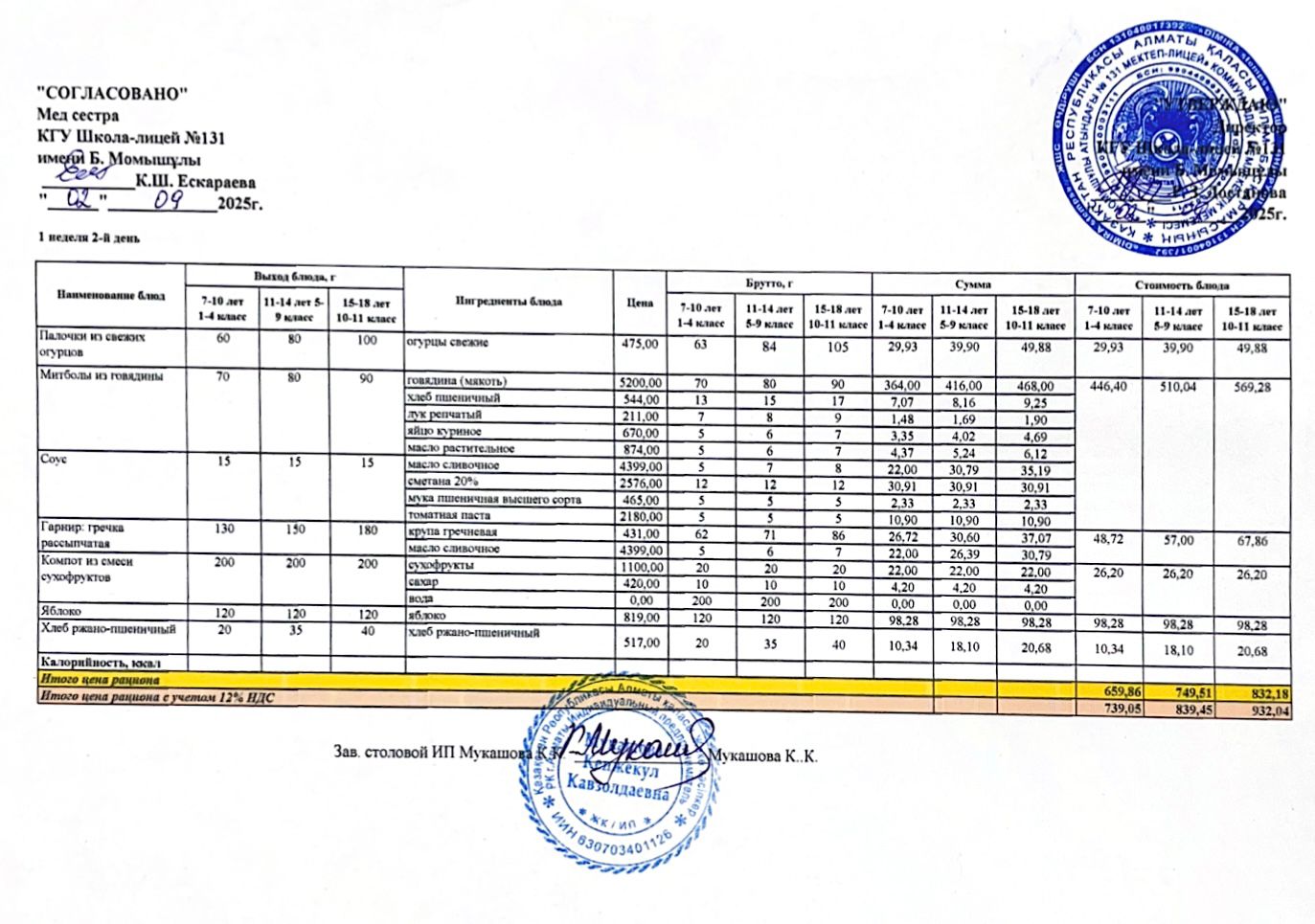 Ас мәзірі (меню) 02.09.2025