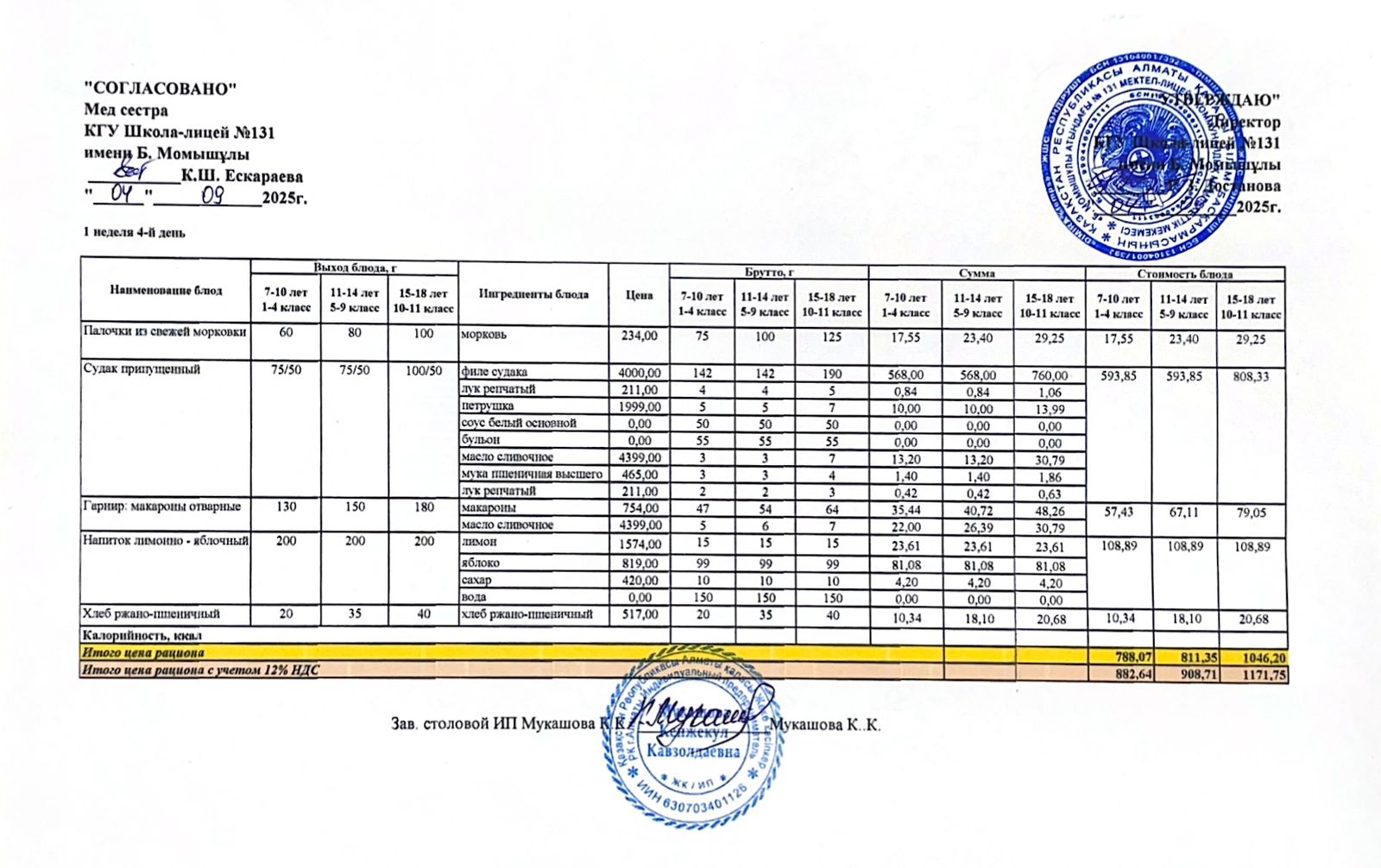 Ас мәзірі (меню) 04.09.2025