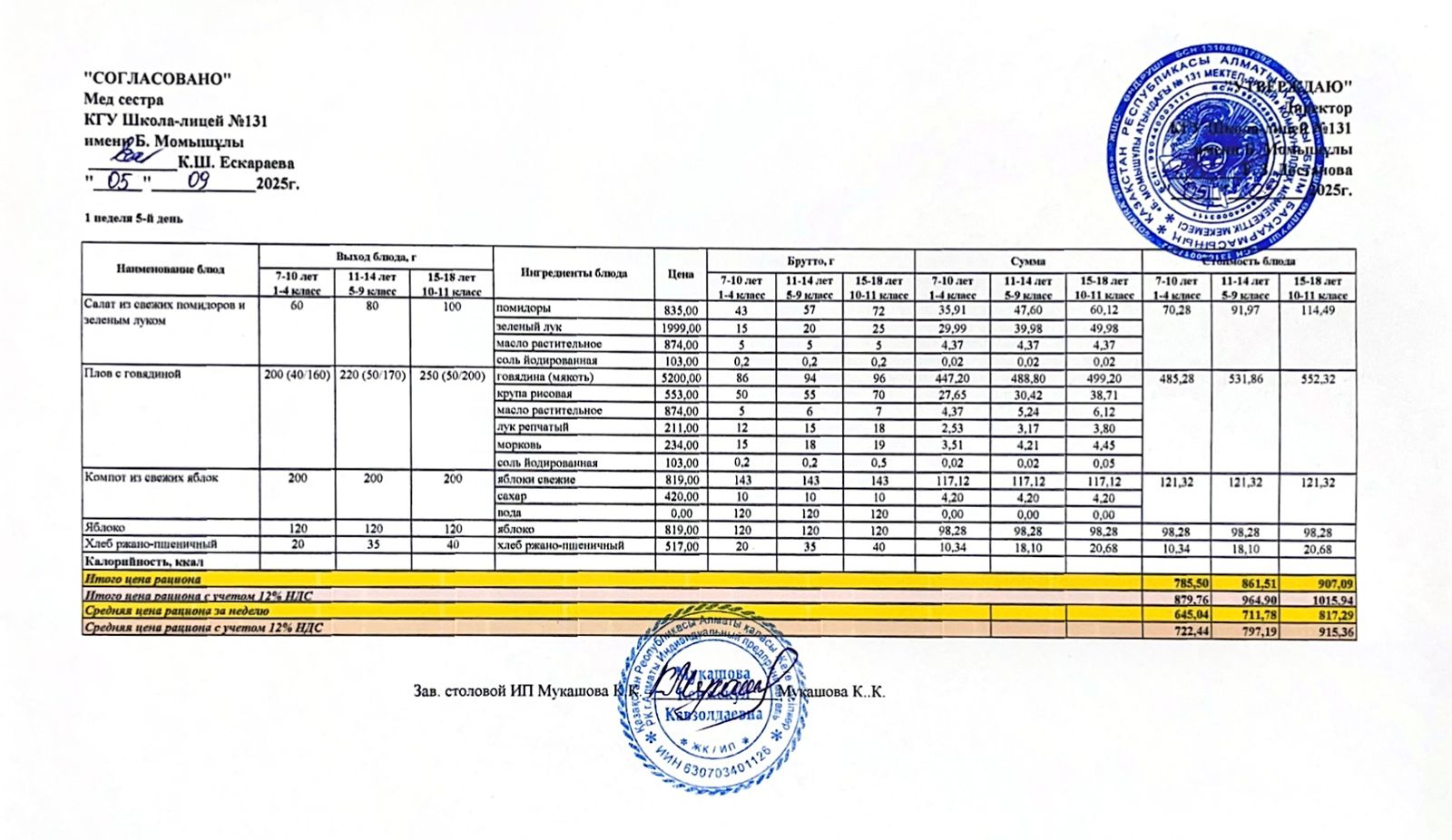 Ас мәзірі (меню) 05.09.2025