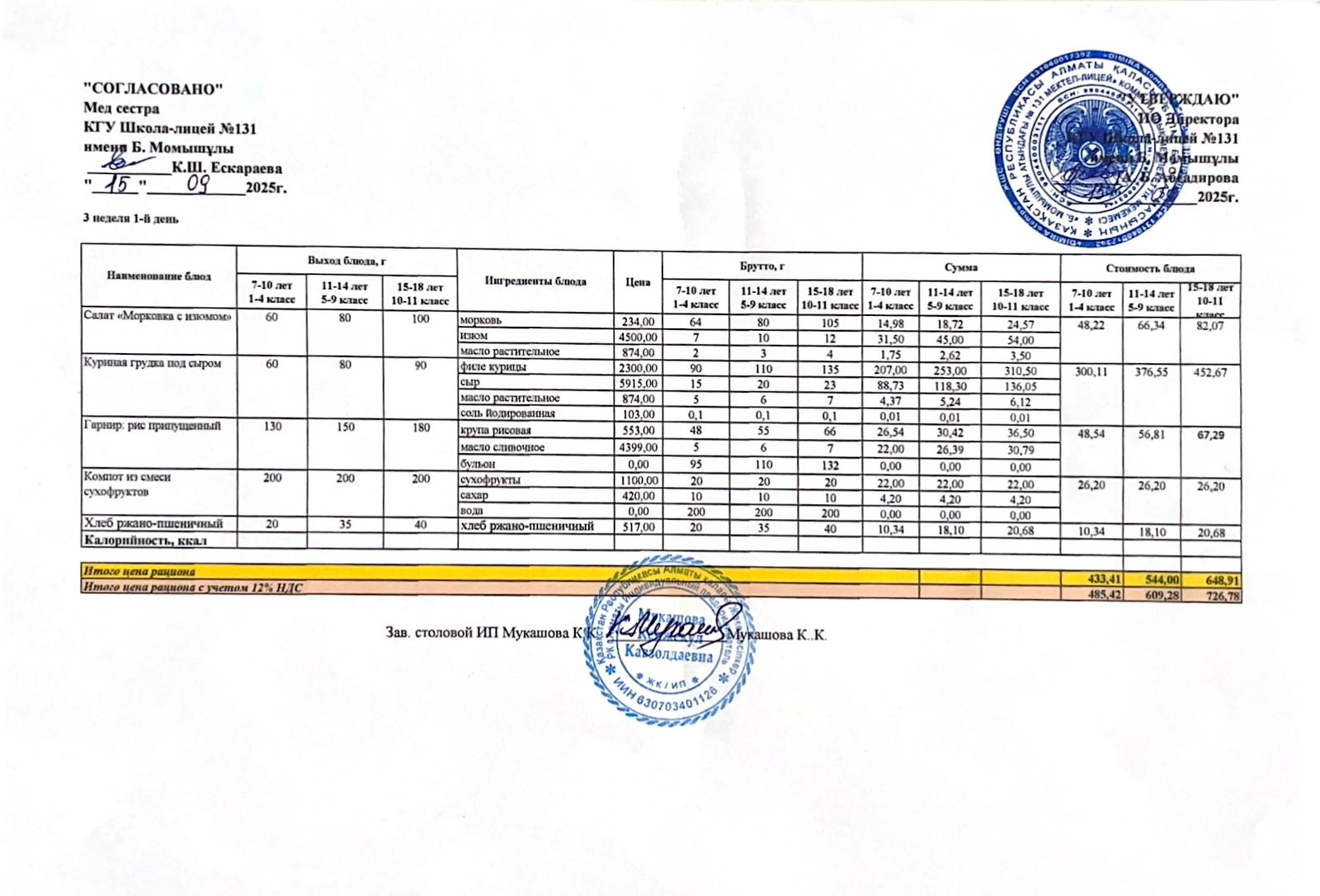 Ас мәзірі (меню) 15.09.2025