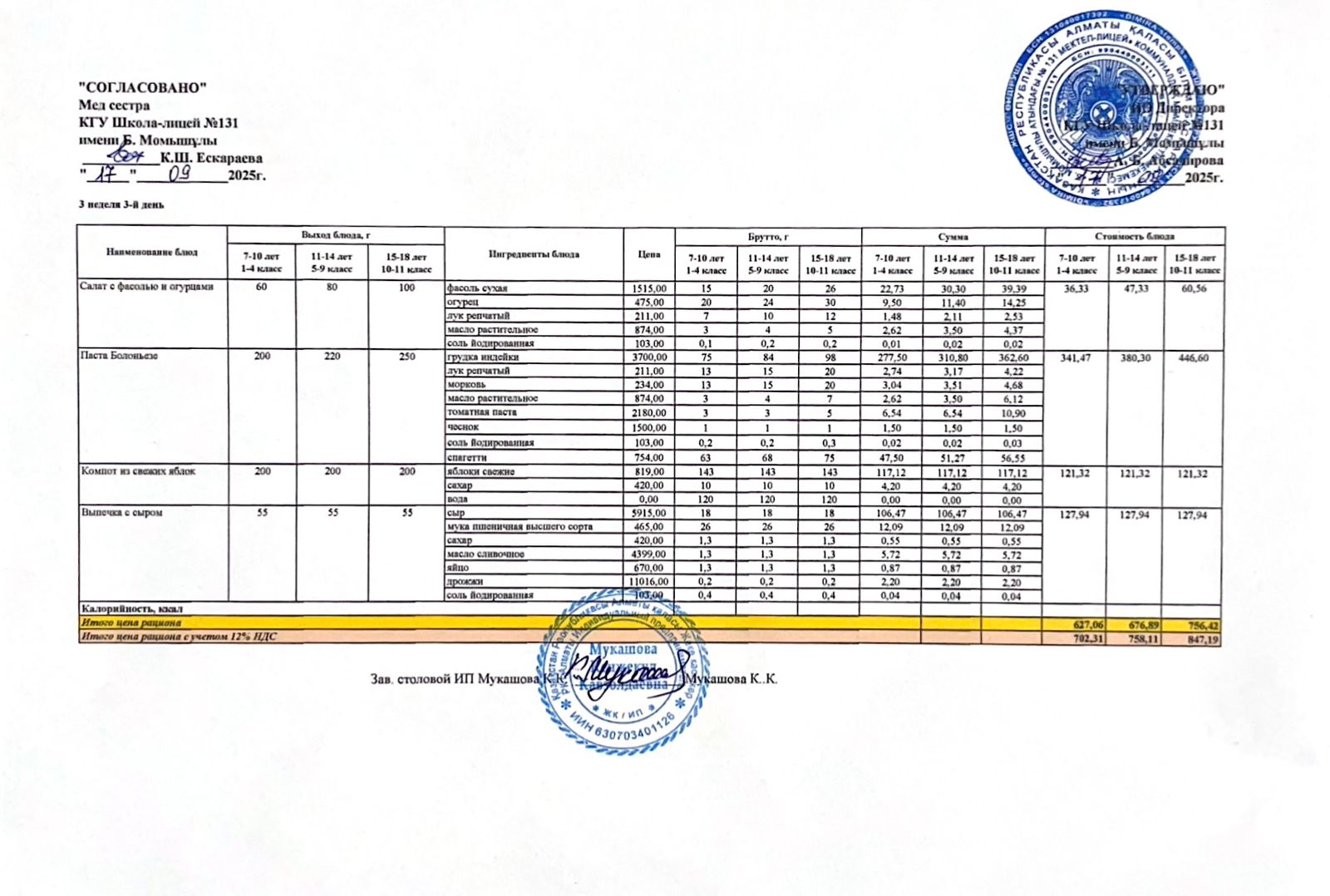 Ас мәзірі (меню) 17.09.2025