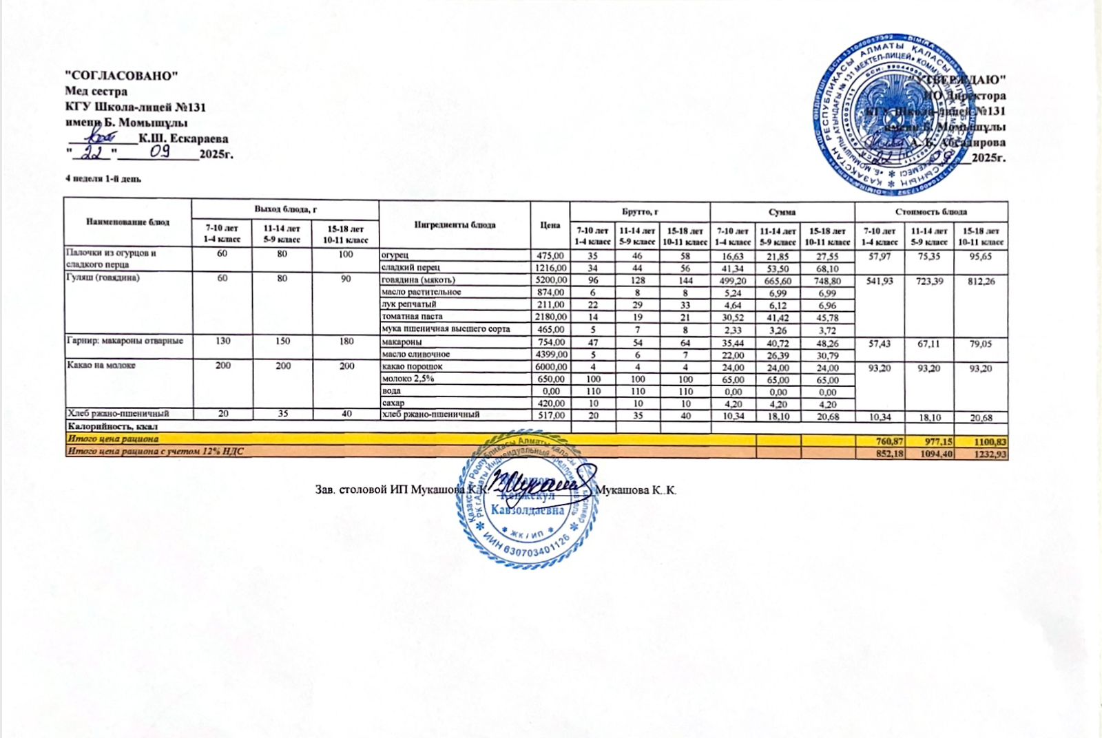 Ас мәзірі (меню) 22.09.2025