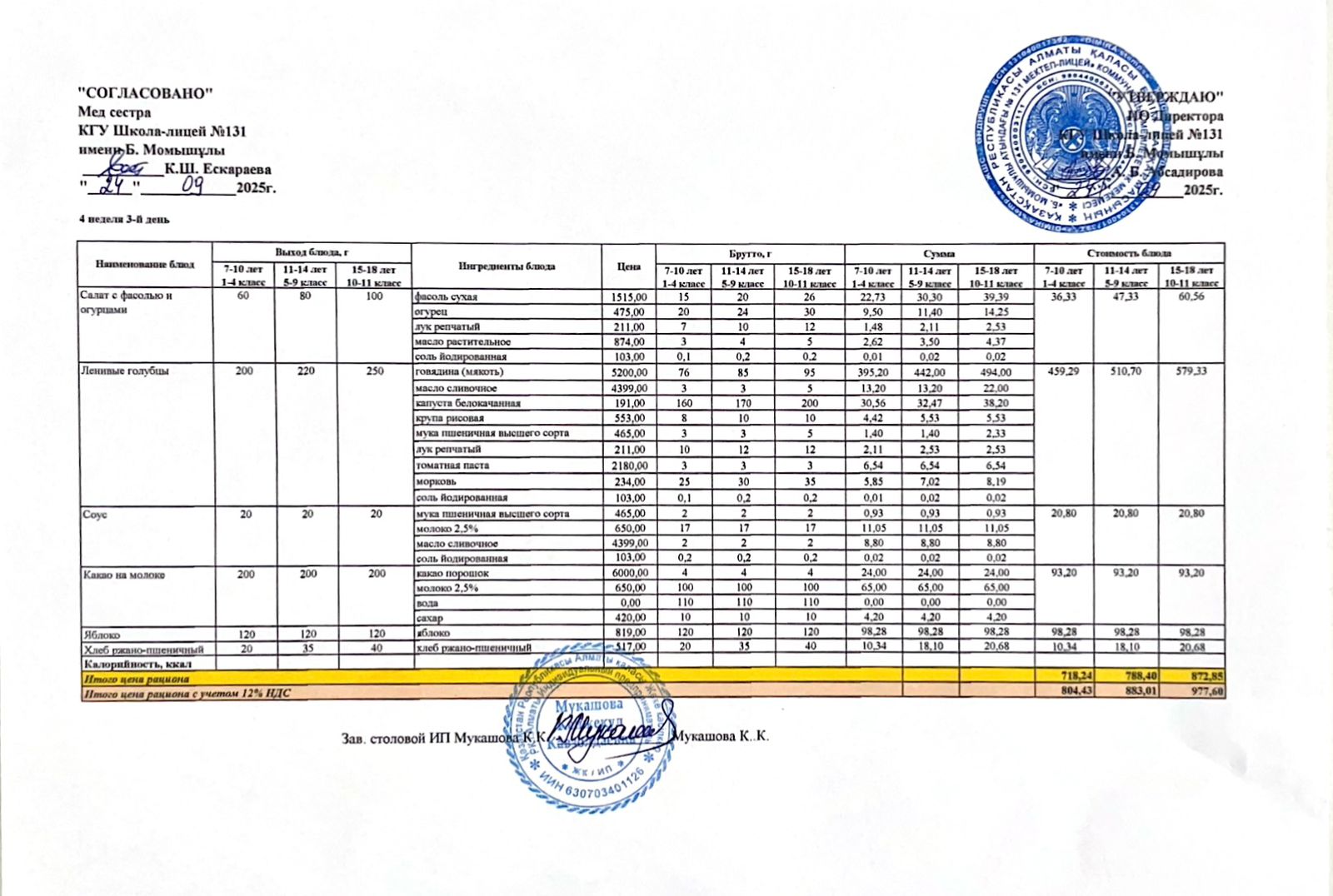 Ас мәзірі (меню) 24.09.2025