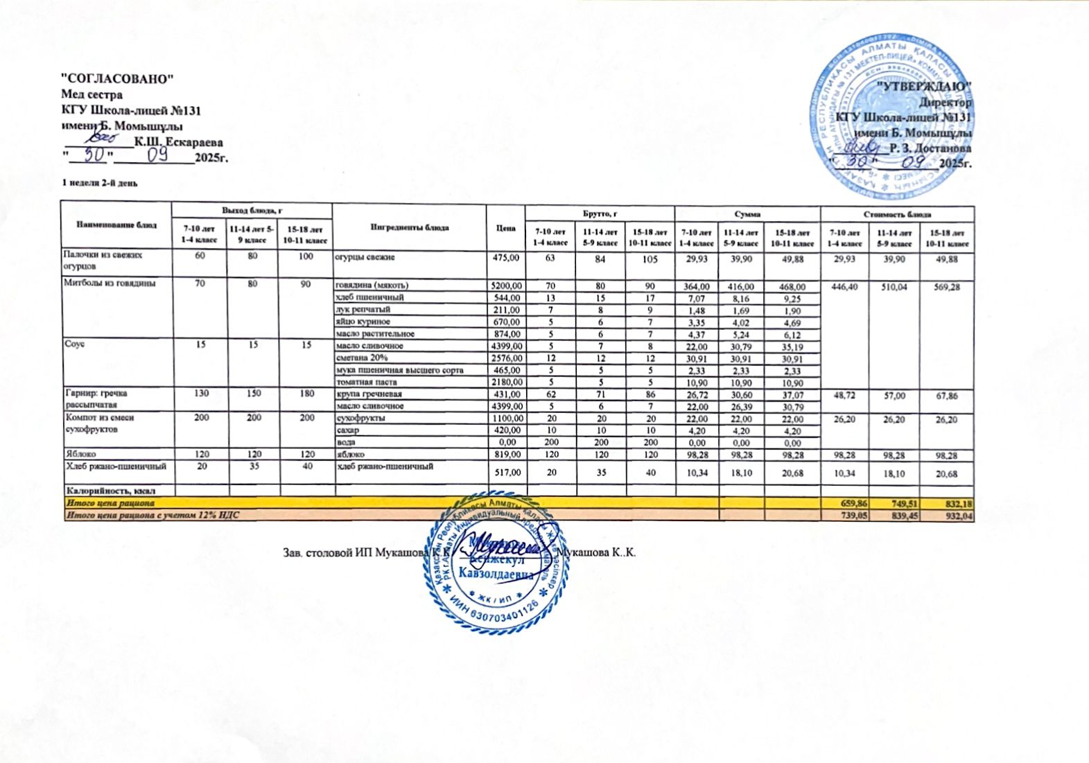 Ас мәзірі (меню) 30.09.2025