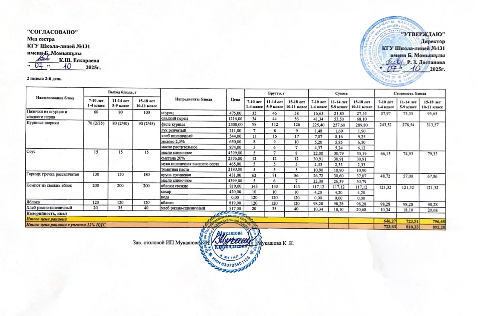 Ас мәзірі (меню) 07.10.2025