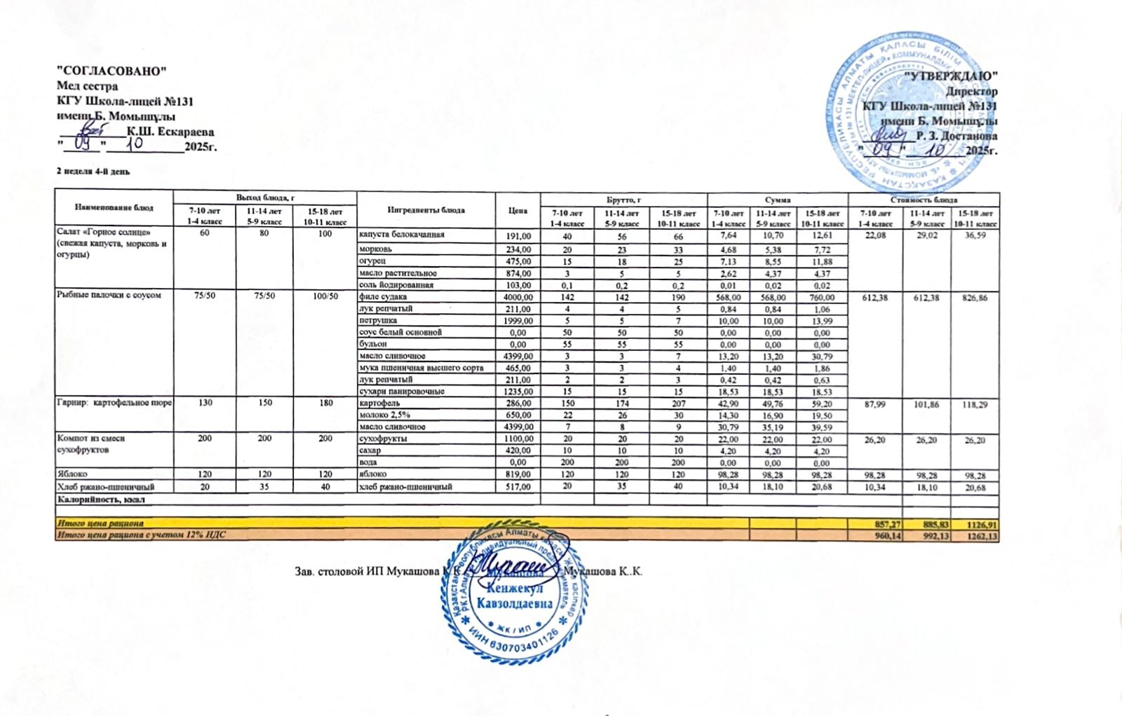 Ас мәзірі (меню) 09.10.2025