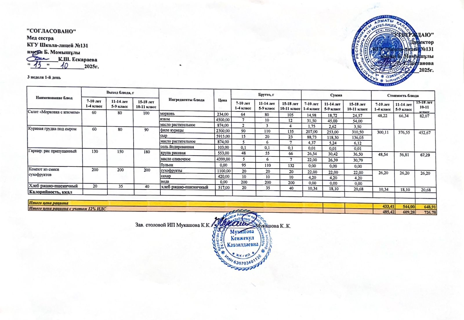 Ас мәзірі (меню) 13.10.2025