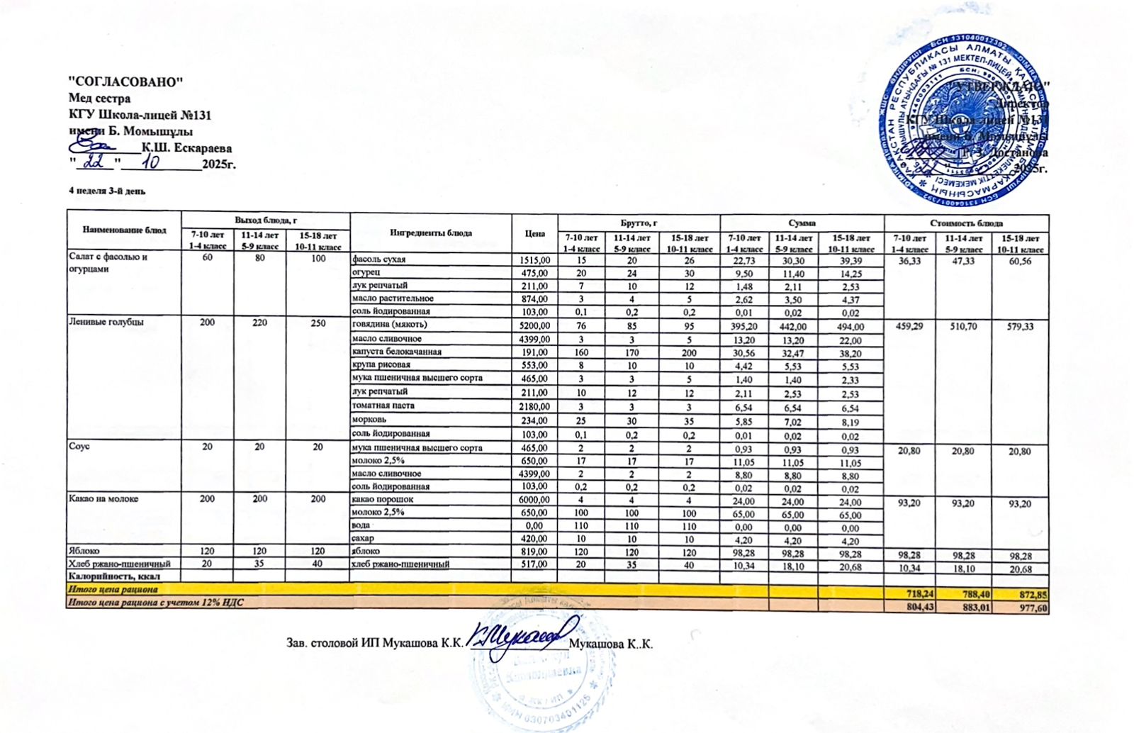 Ас мәзірі (меню) 22.10.2025