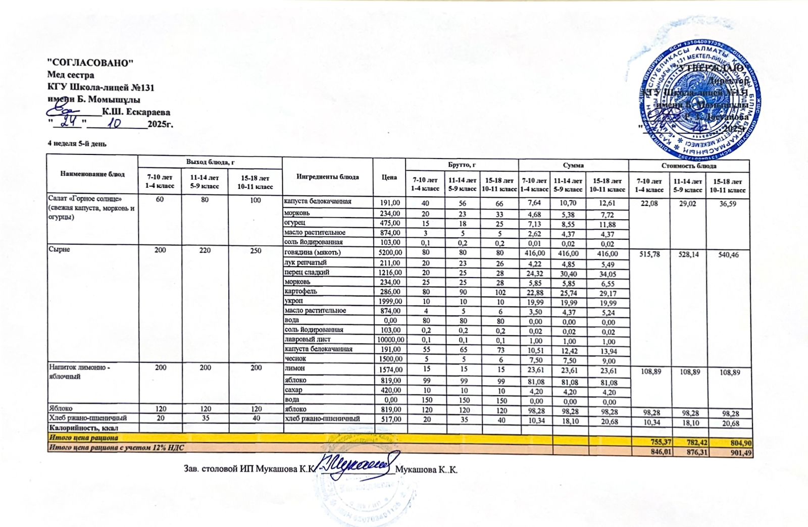 Ас мәзірі (меню) 24.10.2025