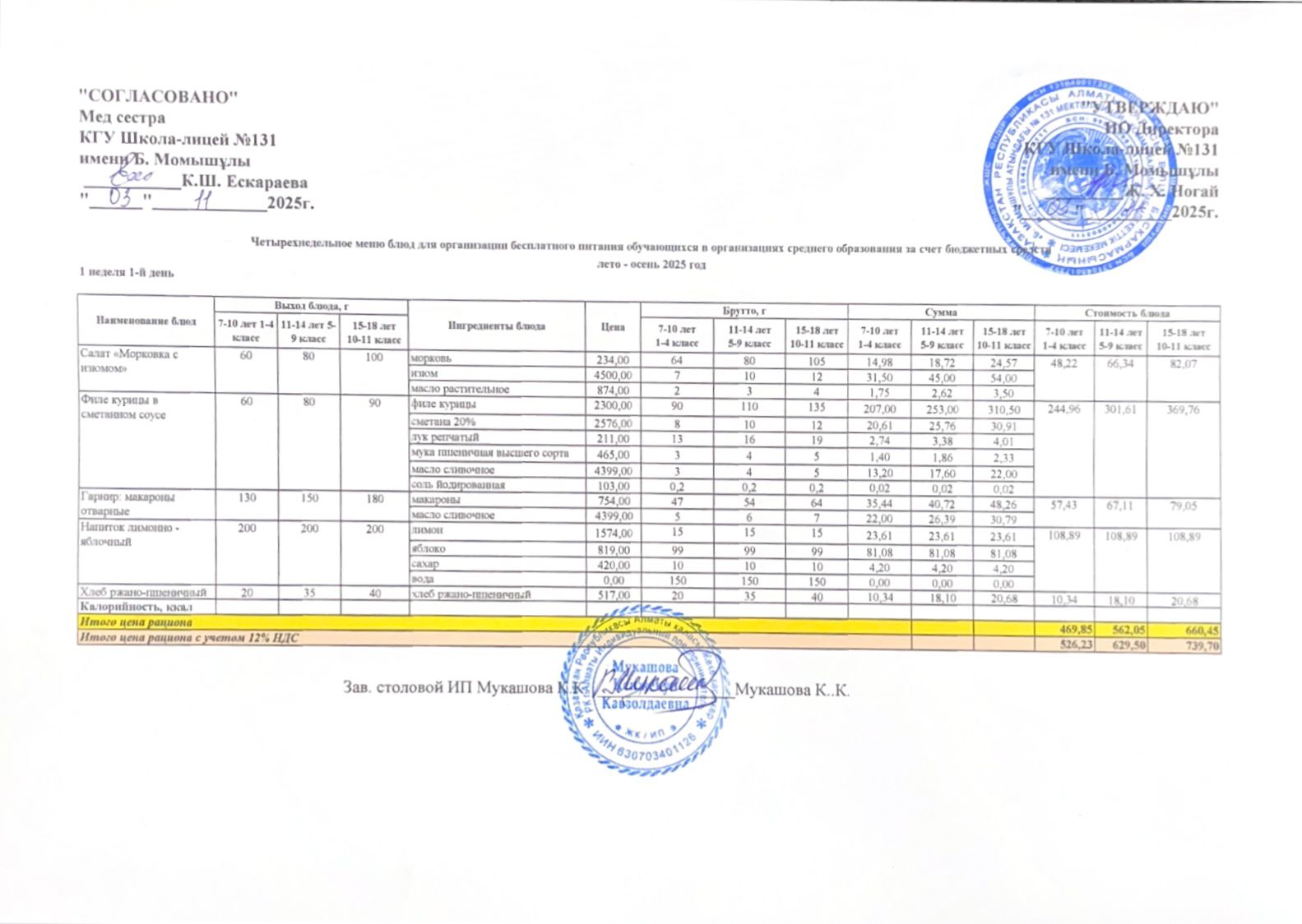 Ас мәзірі (меню) 03.11.2025
