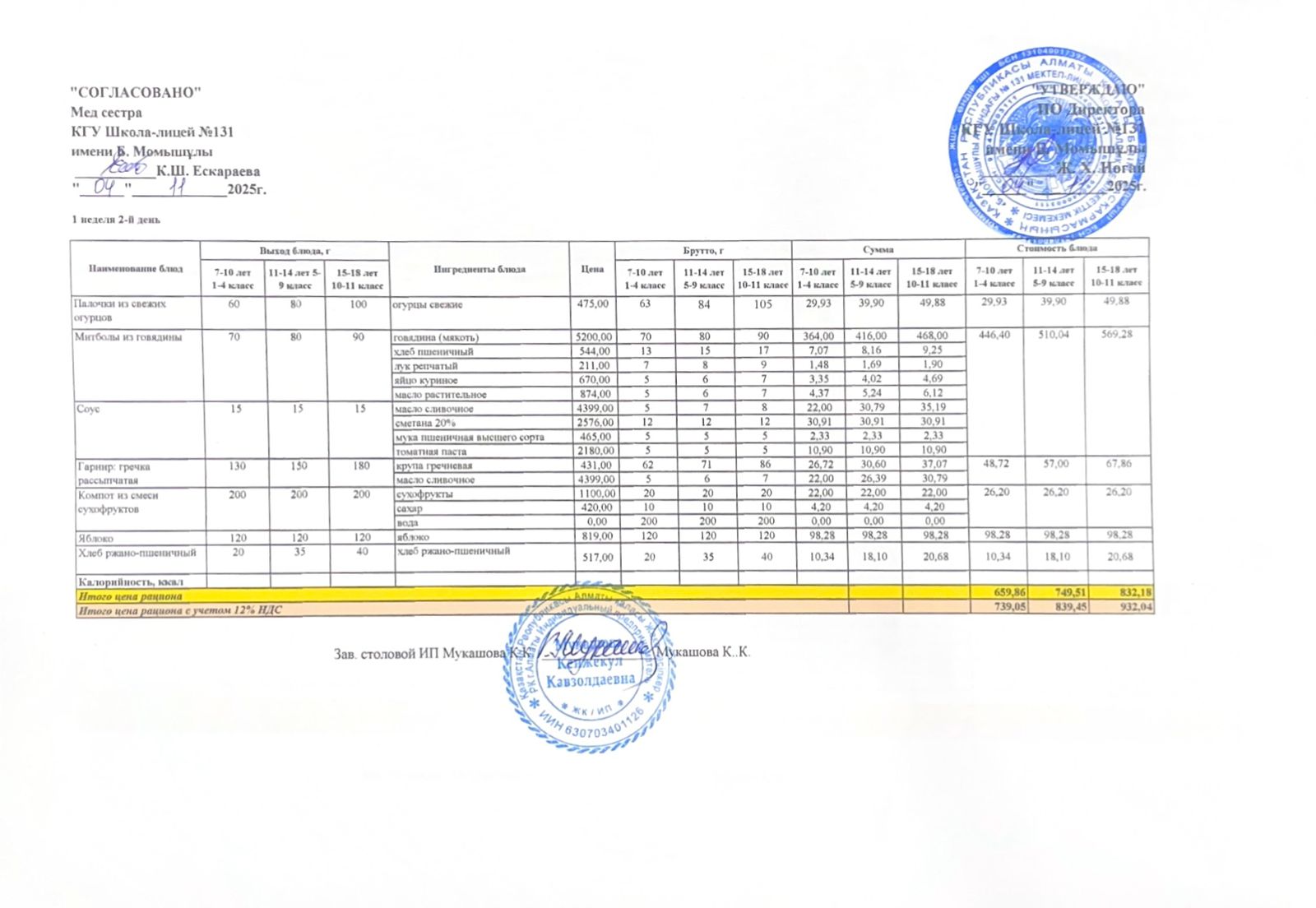 Ас мәзірі (меню) 04.11.2025