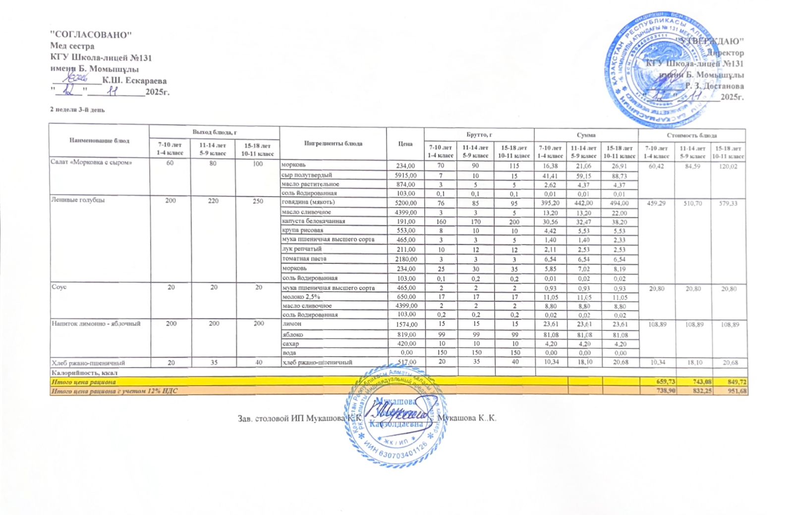 Ас мәзірі (меню) 12.11.2025