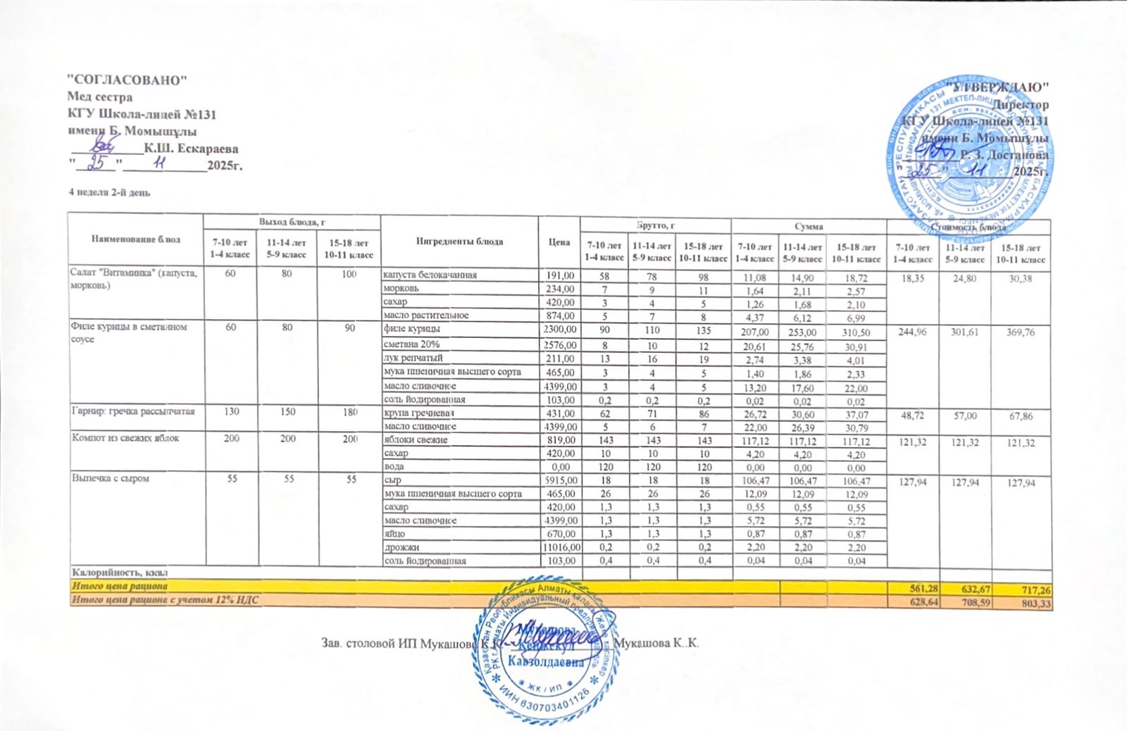 Ас мәзірі (меню) 25.11.2025