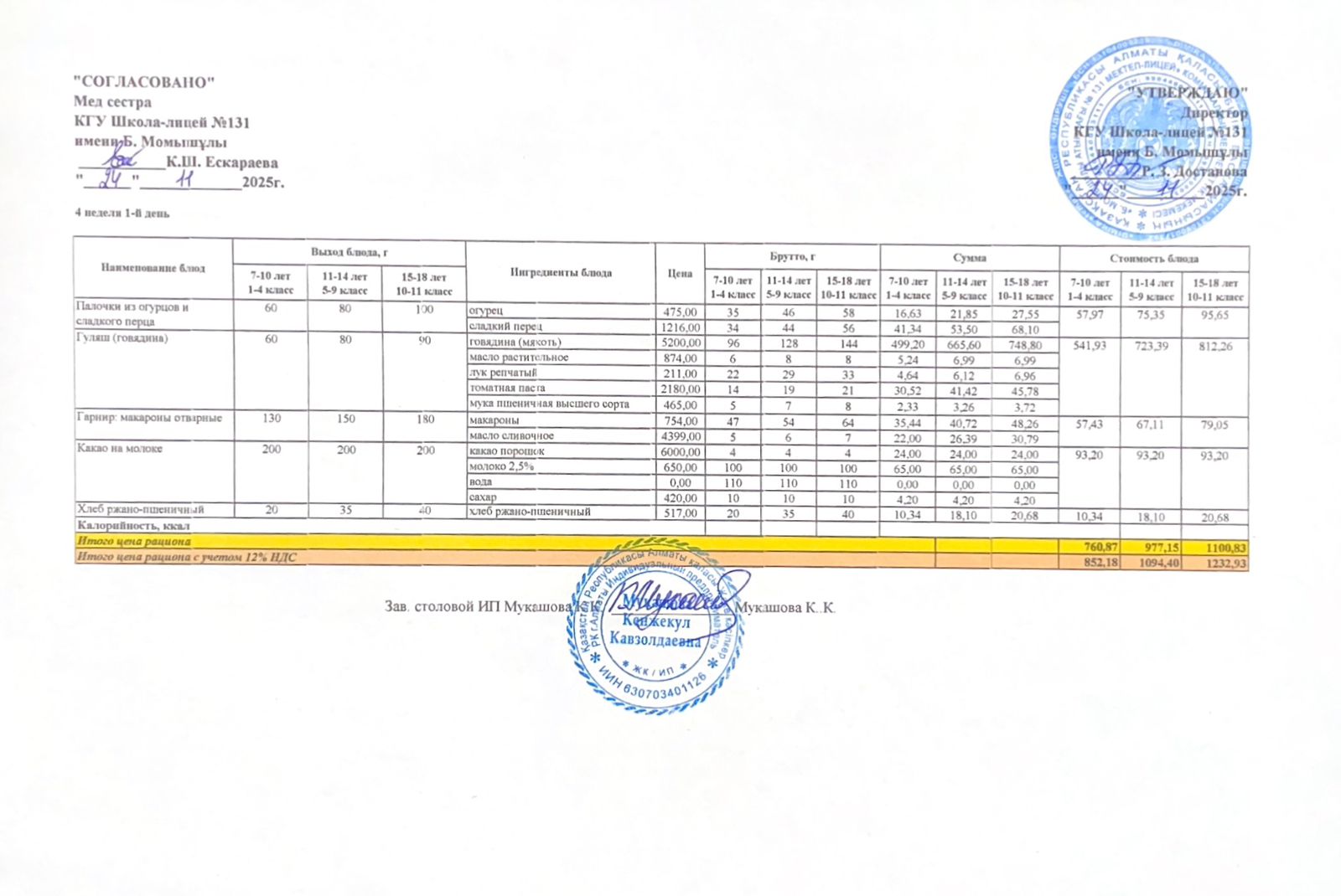 Ас мәзірі (меню) 24.11.2025
