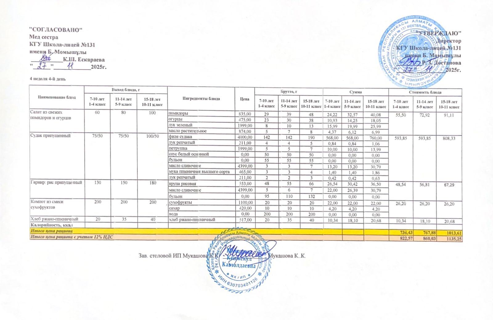 Ас мәзірі (меню) 27.11.2025
