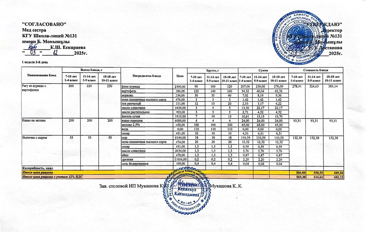 Ас мәзірі (меню) 03.12.2025