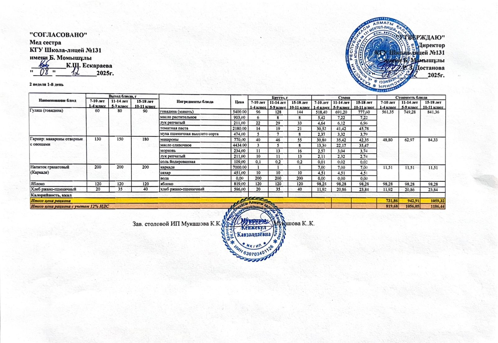 Ас мәзірі (меню) 08.12.2025