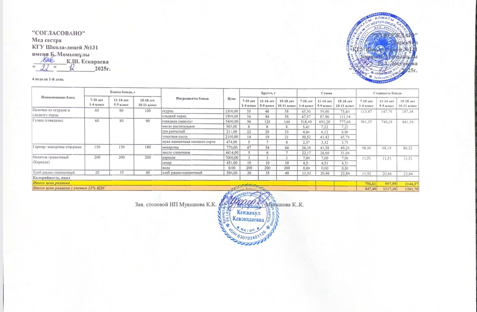 Ас мәзірі (меню) 22.12.2025