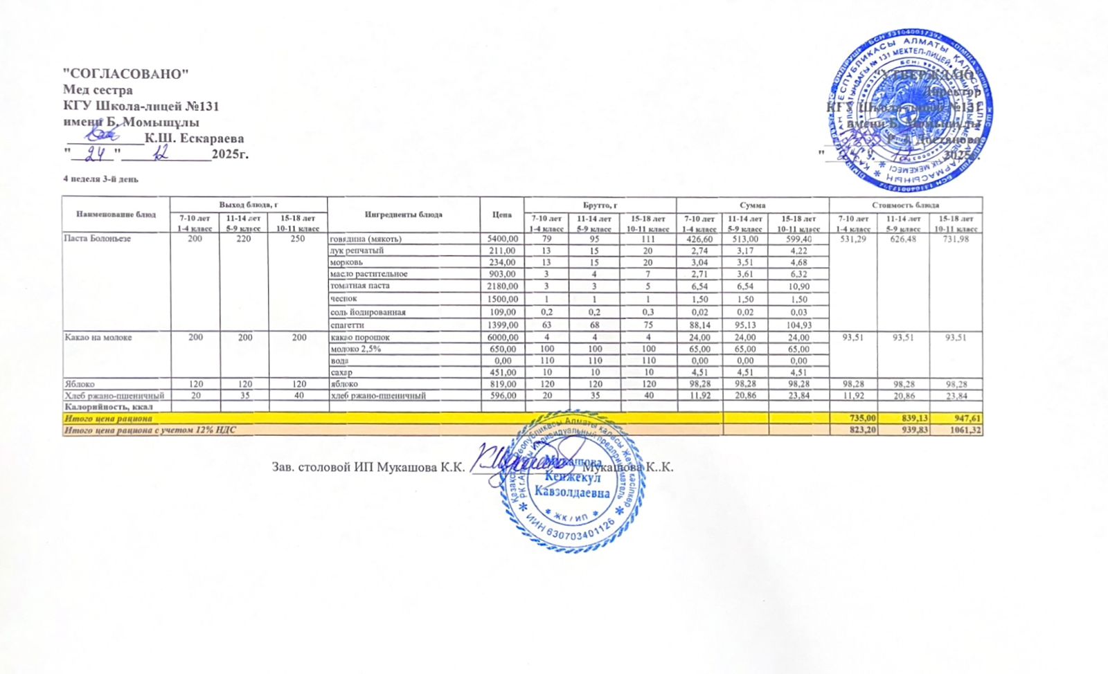 Ас мәзірі (меню) 24.12.2025
