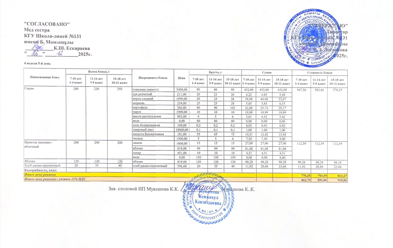 Ас мәзірі (меню) 26.12.2025