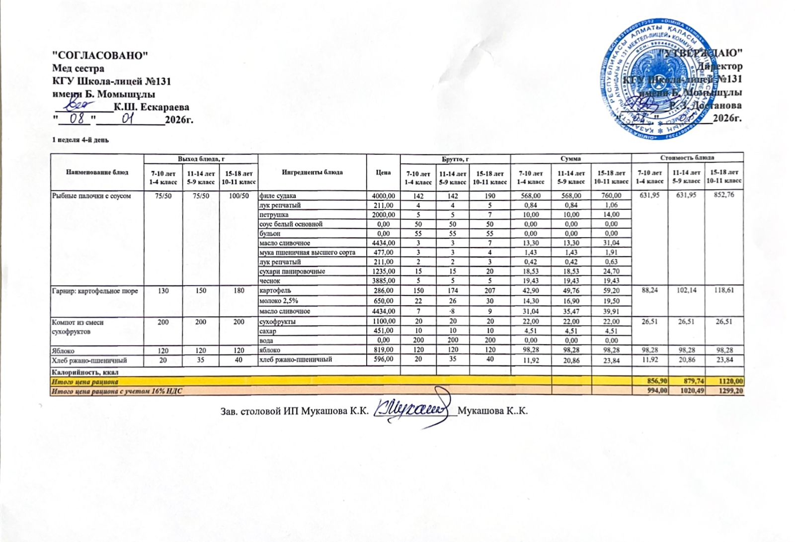 Ас мәзірі (меню) 08.01.2026