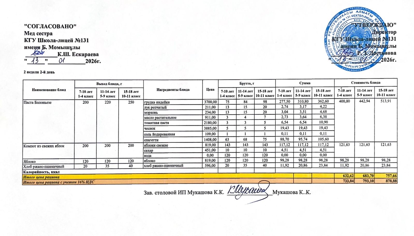 Ас мәзірі (меню) 13.01.2026
