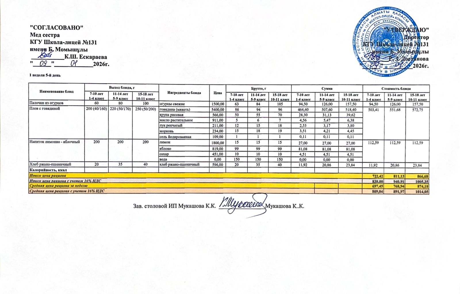 Ас мәзірі (меню) 09.01.2026