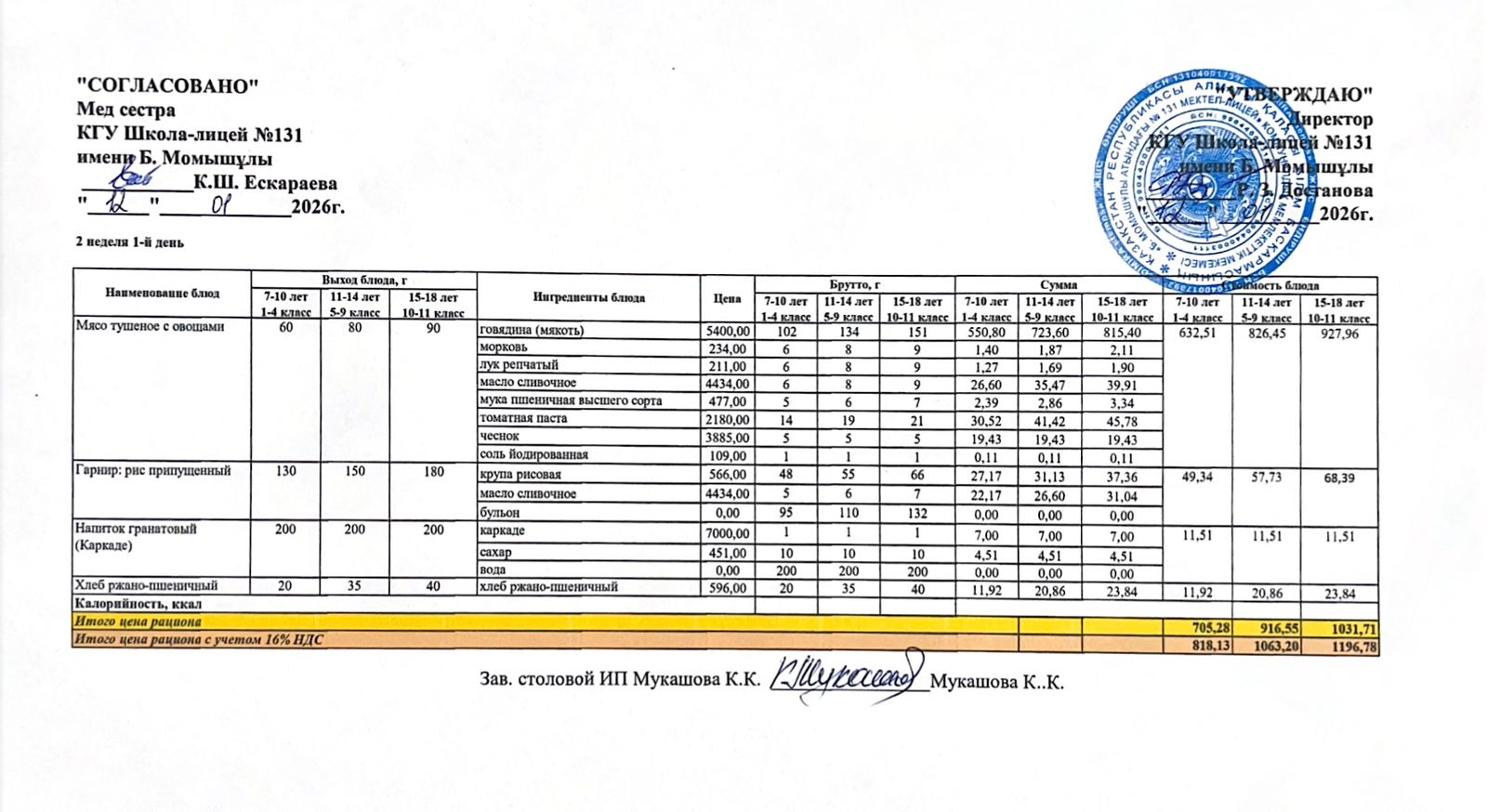 Ас мәзірі (меню) 12.01.2026