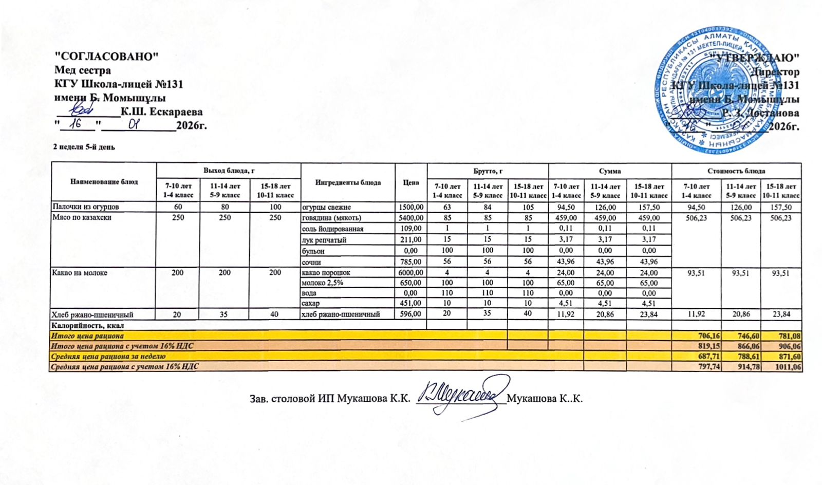 Ас мәзірі (меню) 16.01.2026