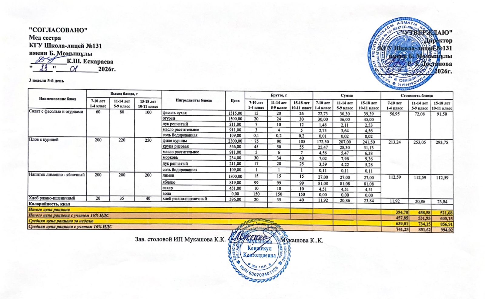 Ас мәзірі (меню) 23.01.2026