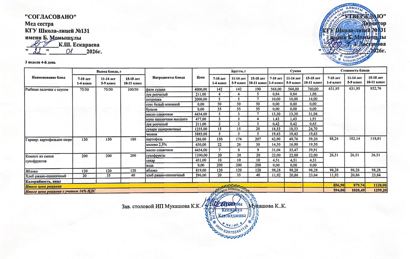 Ас мәзірі (меню) 22.01.2026